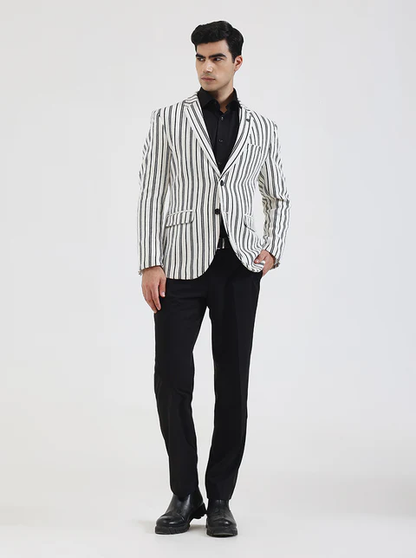 White & Black Striped Regular Fit Blazer