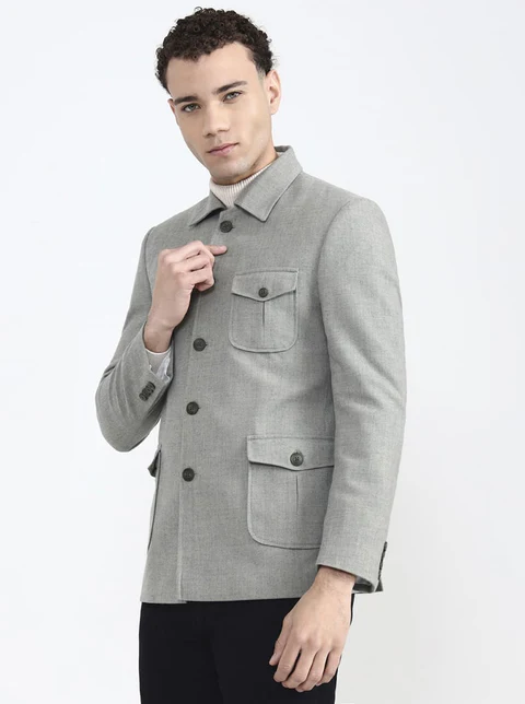 Olive Grey Solid Regular Fit Blazer