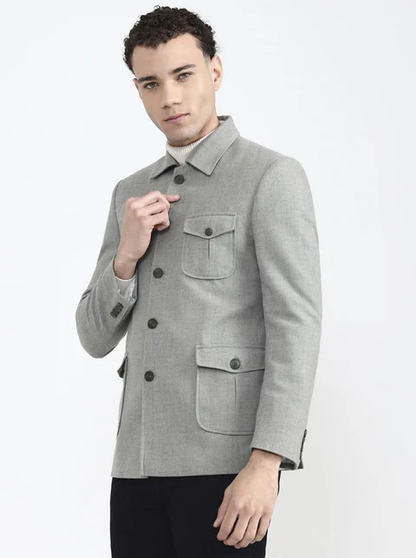 Olive Grey Solid Regular Fit Blazer