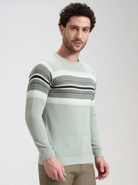 Mint Green Striped Slim Fit T-Shirt