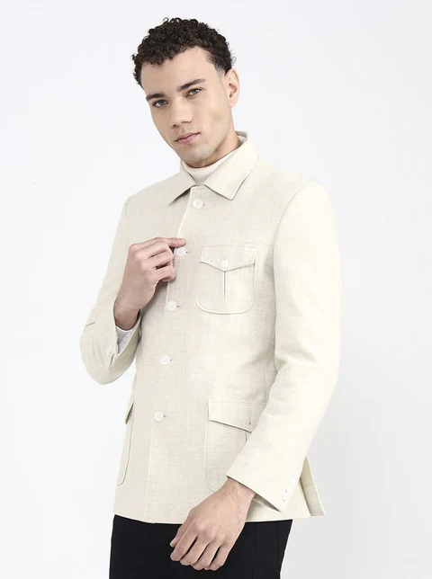 Cream Solid Regular Fit Blazer