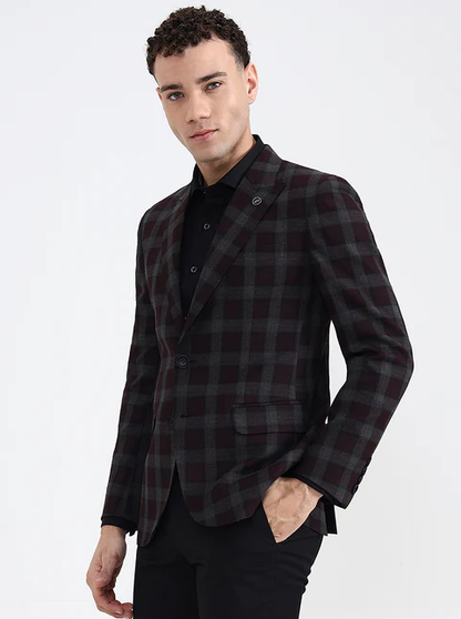 Maroon Checked Regular Fit Blazer