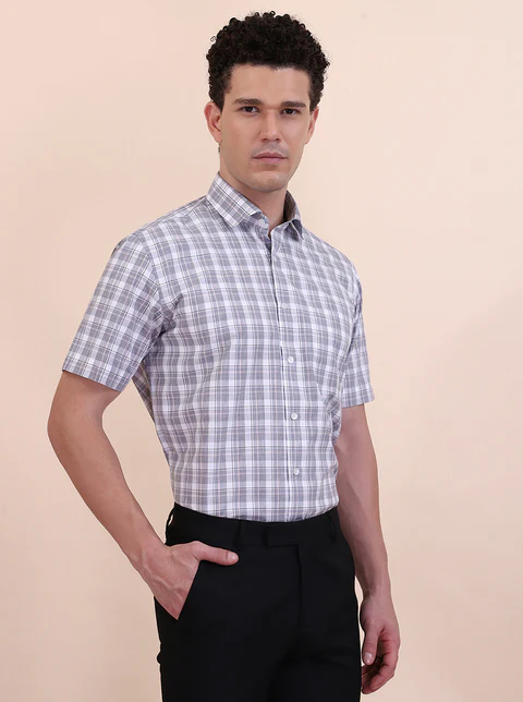 White & Grey Checked Regular Fit Formal Shirt