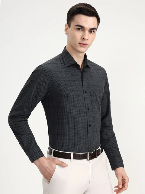 Green & Grey Checked Slim Fit Formal Shirt