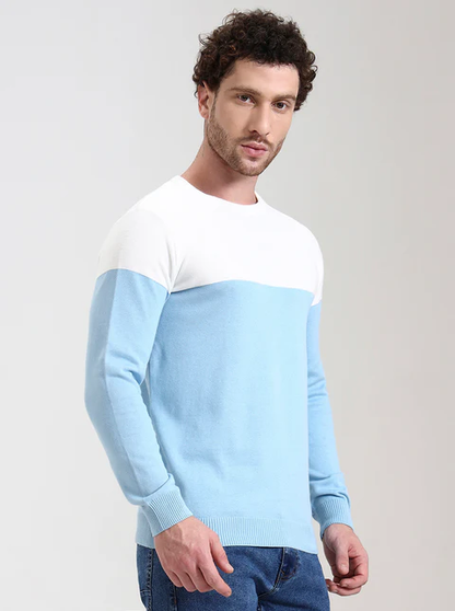White & Sky Blue Striped Slim Fit T-Shirt