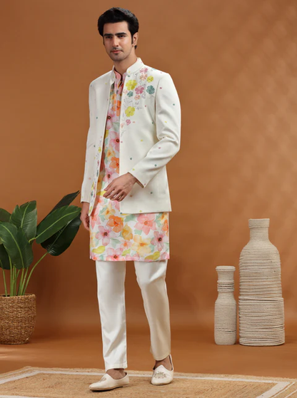 Off White Embroidered Jodhpuri Suit