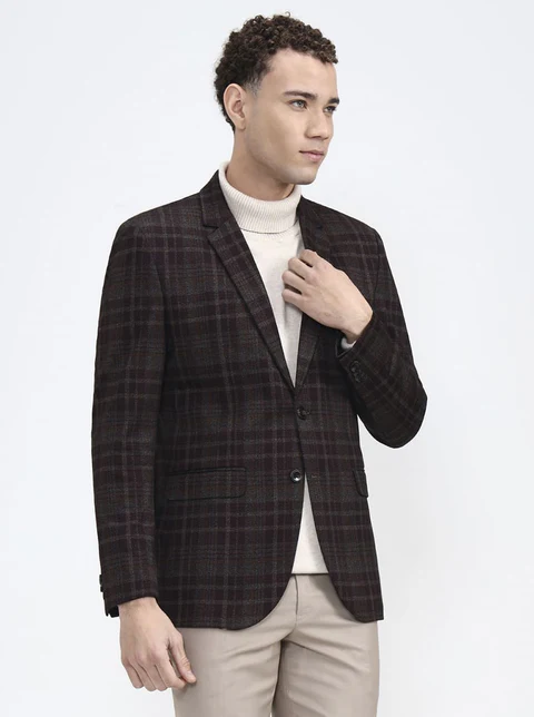 Maroon & Fawn Checked Regular Fit Blazer