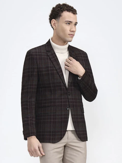 Maroon & Fawn Checked Regular Fit Blazer