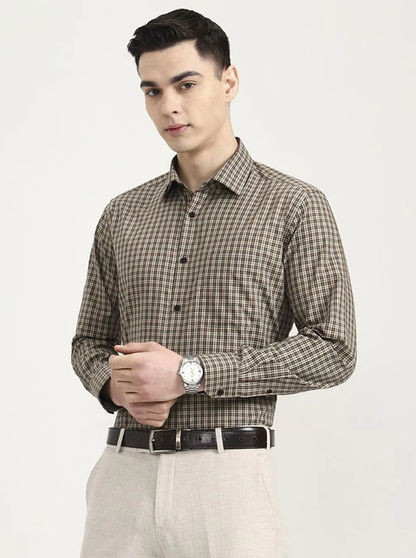 Brown & Cream Checked Regular Fit Formal Shirt