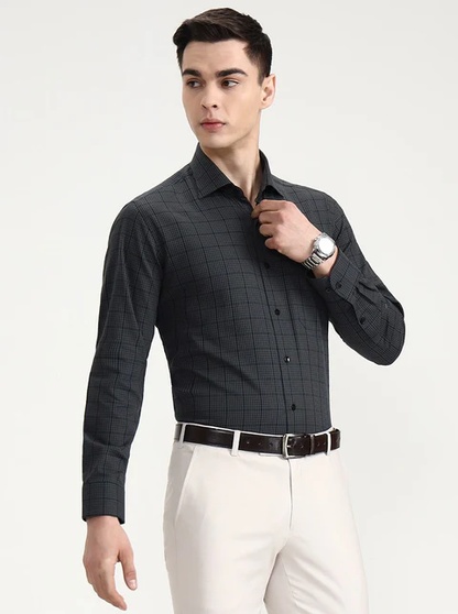 Green & Grey Checked Slim Fit Formal Shirt