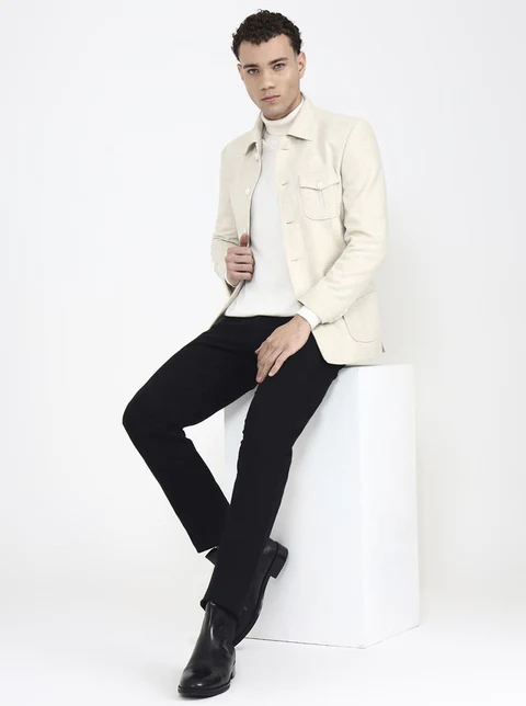 Cream Solid Regular Fit Blazer