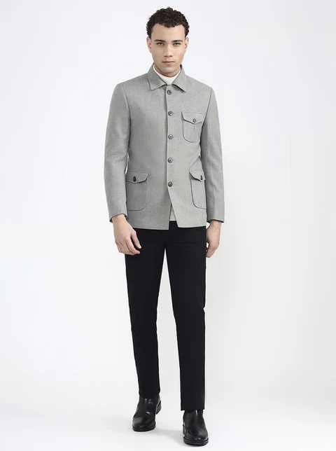 Olive Grey Solid Regular Fit Blazer