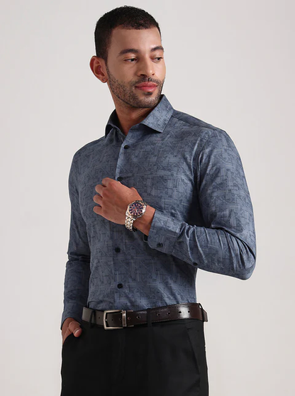 Blue Printed Slim Fit Formal Shirt