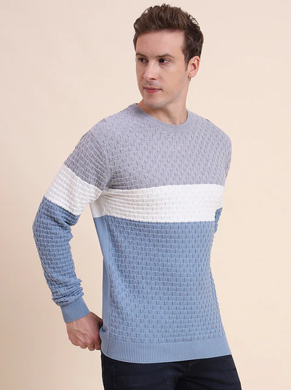 Grey & Blue Striped Slim Fit T-Shirt