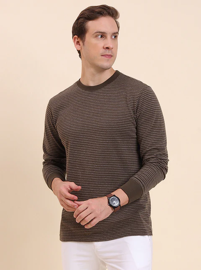 Olive Brown Striped Slim Fit T-Shirt