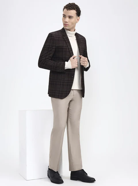 Maroon & Fawn Checked Regular Fit Blazer