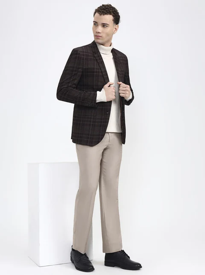 Maroon & Fawn Checked Regular Fit Blazer