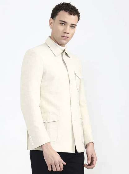 Cream Solid Regular Fit Blazer